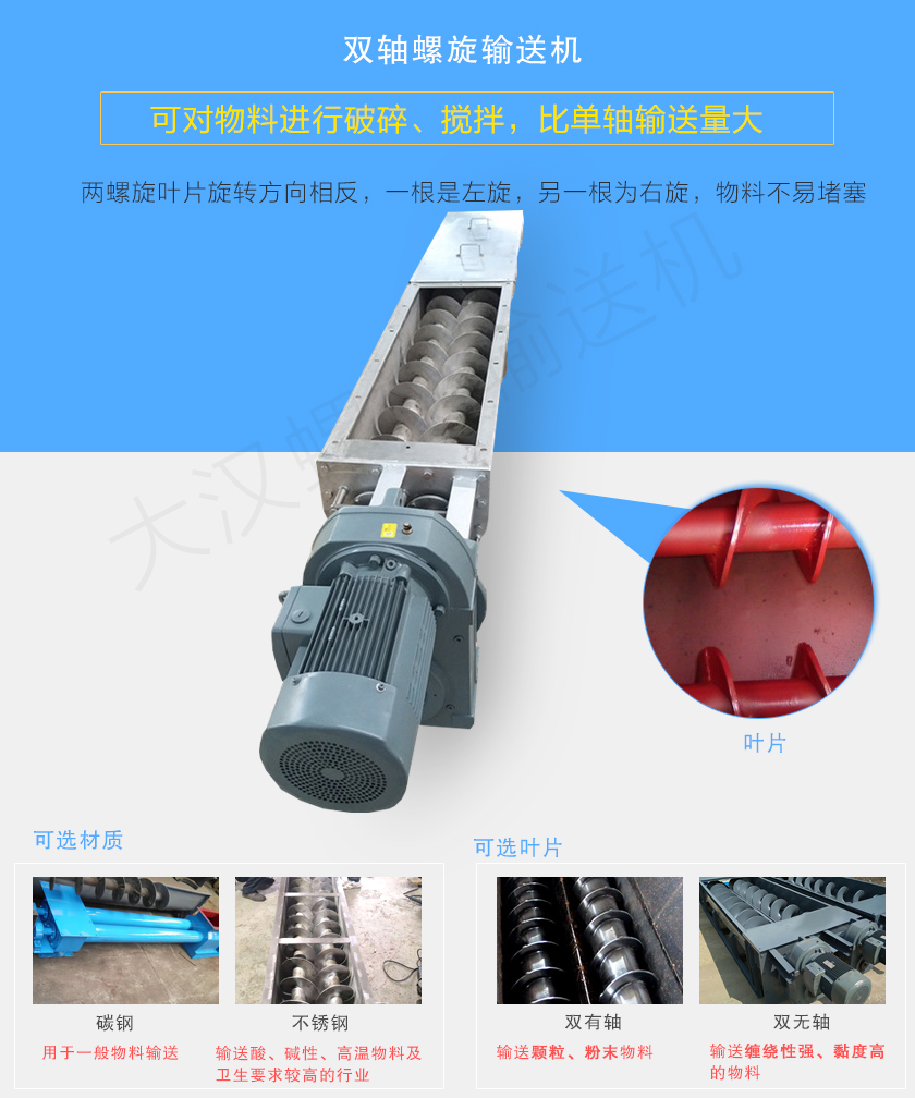 雙軸螺旋輸送機(jī)是由兩根分別焊有旋轉(zhuǎn)葉片的旋轉(zhuǎn)軸組成的，具備破碎、攪拌功能，分為有軸和無軸兩種