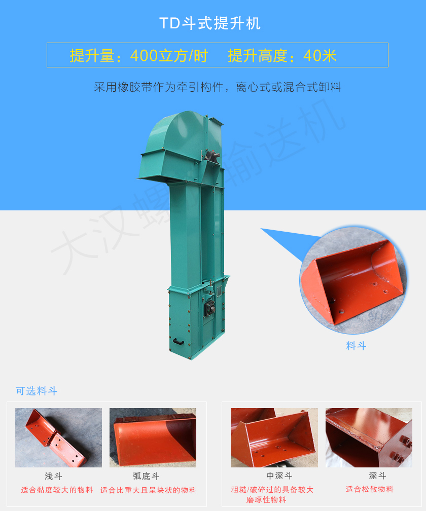 TD斗式提升機(jī)采用橡膠帶為牽引件，具有噪音小、成本底的優(yōu)點(diǎn)，根據(jù)不同物料可配置不同料斗：Q型(淺斗)、H型(弧底斗)、ZD型(中深斗)以及SD型(深斗)